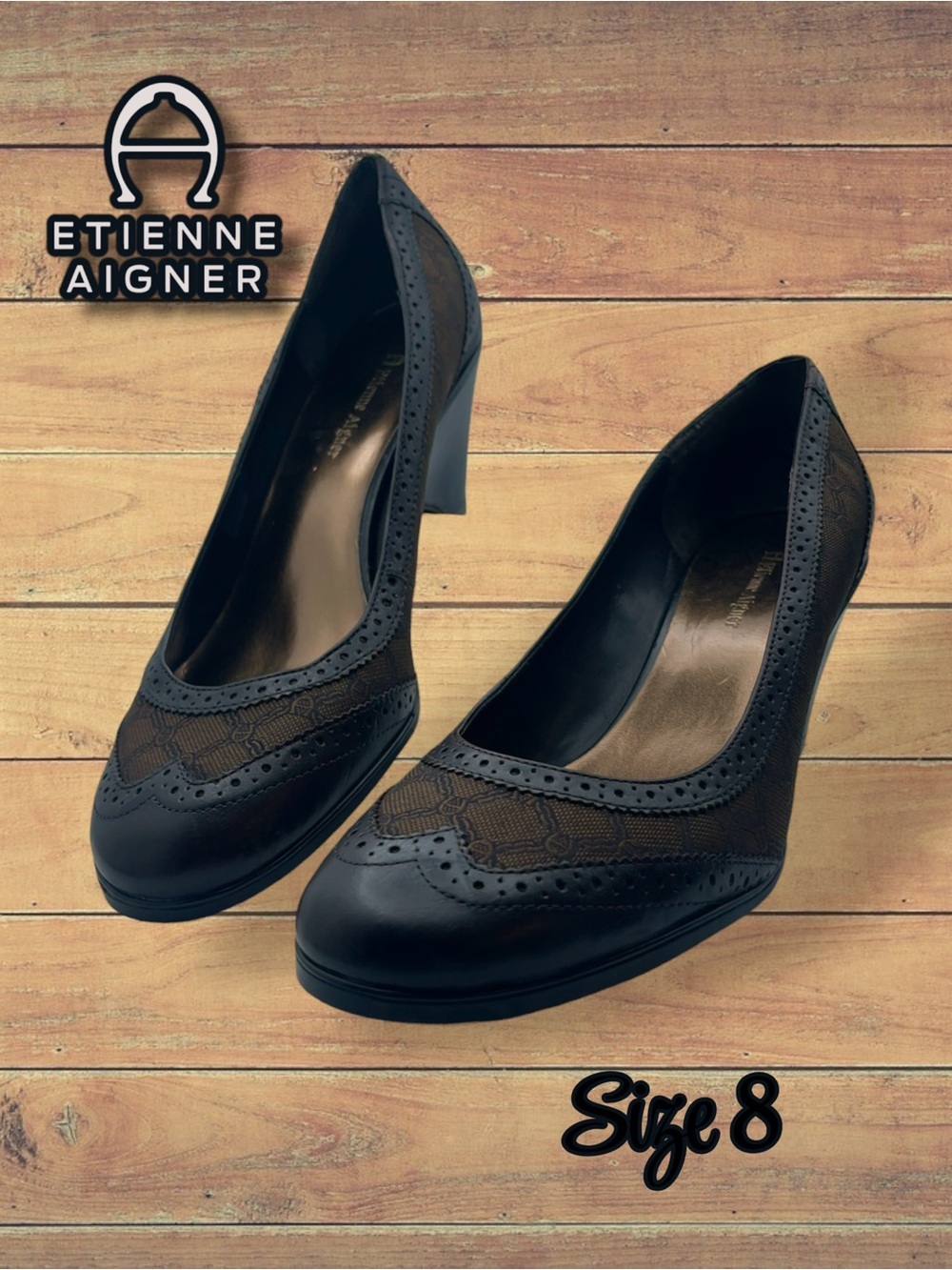 Etienne Aigner Black Brown Leather Mesh Wingtip Pumps